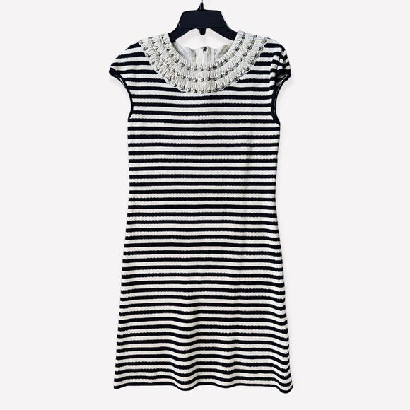 Tory Burch Dark Navy and Beige Striped Dress, Embellished Neck Line Trim - Picture 1 of 5